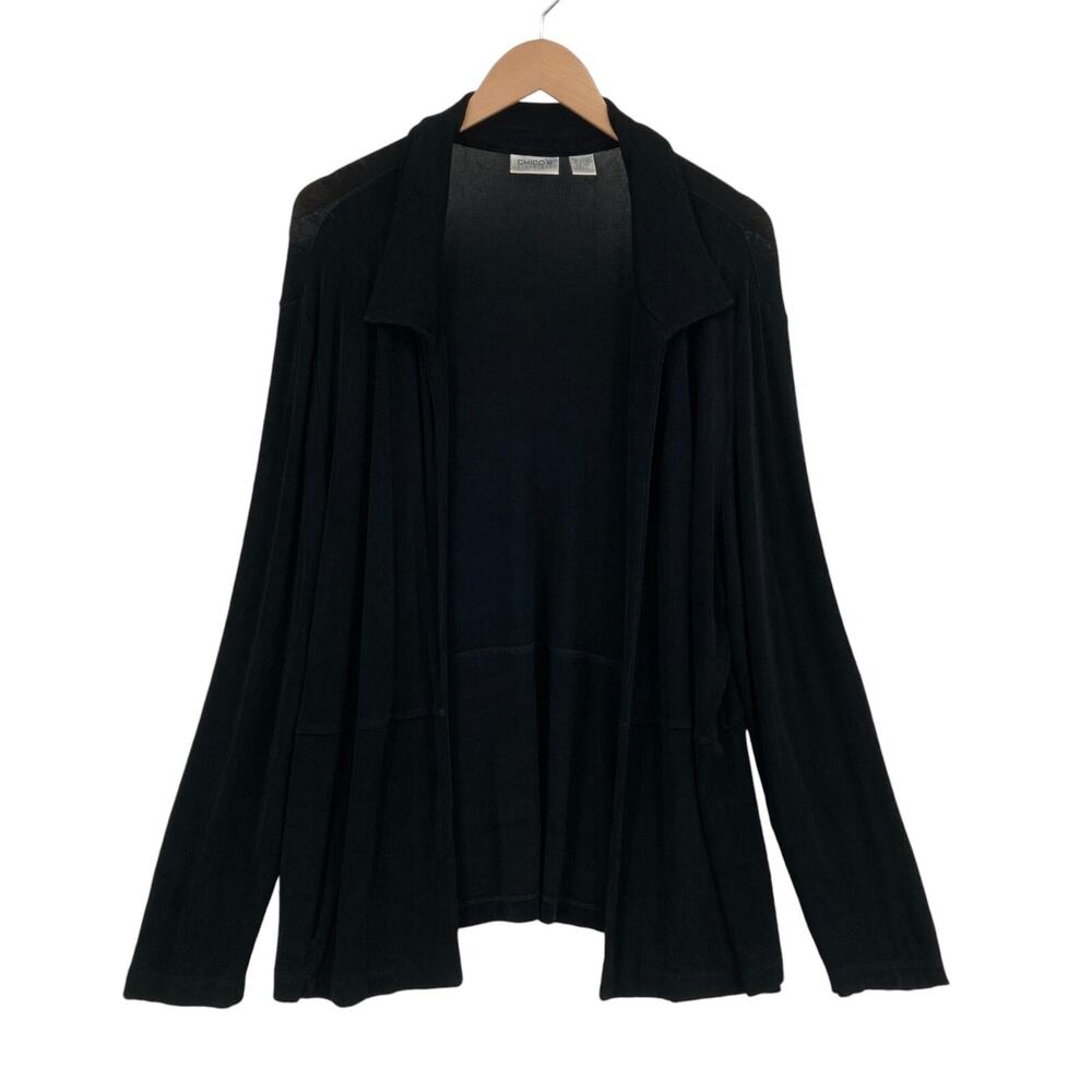 Chico's Travelers Cardigan Womens Size 3 Black Slinky Knit Stretch Open Front